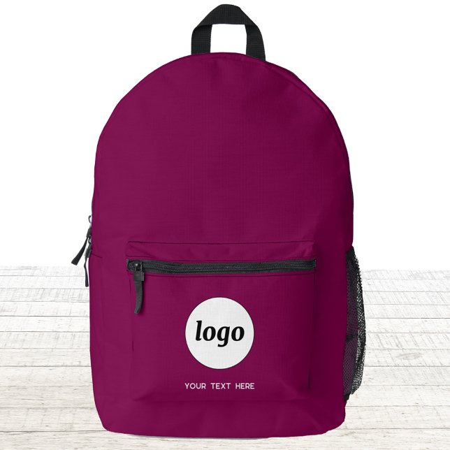 Sac À Dos Imprimé Simple Logo Texte promotionnel Business Magenta Pi (Simple logo with custom text business branding promotional dark magenta pink burgundy backpack)