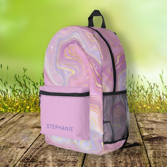 Sac À Dos Imprimé Strata en marbre doré Mauve personnalisée (Personalized Mauve Lavender Gold Marble Strata Printed Backpack)