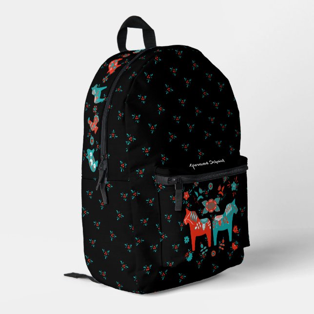 Sac À Dos Imprimé Suédois Folk Dala Horse l Turquoise et rouge (Coin arrière gauche)