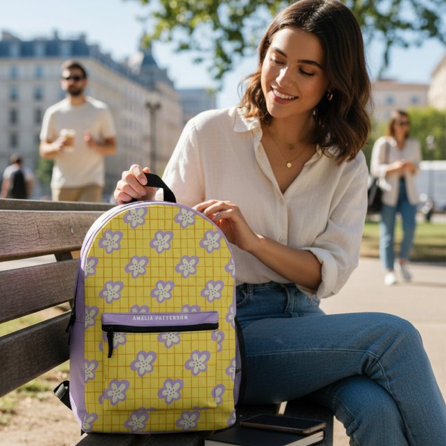 Sac À Dos Imprimé Super jaune violet moderne Floral Personnalisé (Créateur téléchargé)
