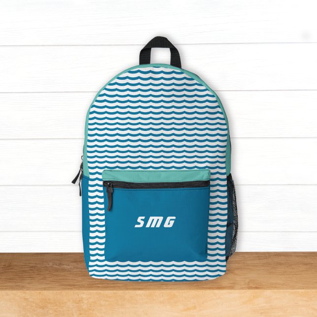 Sac À Dos Imprimé Surf Aqua Blue Waves Monogrammes Initiales Enfants (Créateur téléchargé)
