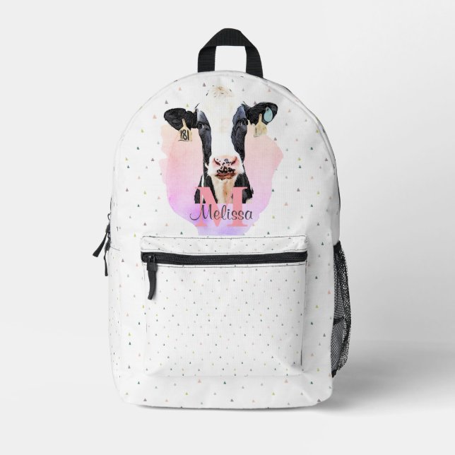 Sac À Dos Imprimé Sweet Holstein Vache Enfants Rose Nom Monogramme A (Recto)