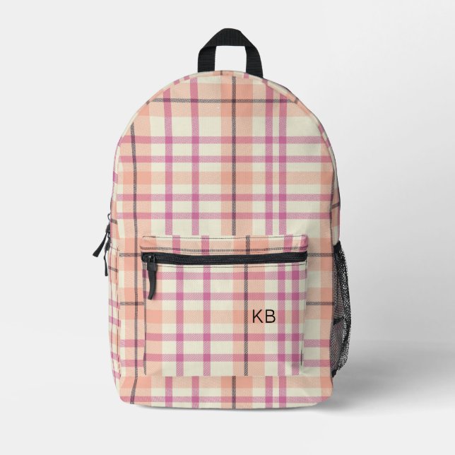 Sac À Dos Imprimé Tartan rose Plaid Vérifier Monogrammes Initiales (Recto)