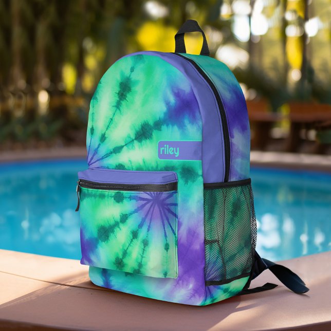 Sac À Dos Imprimé Tie Dye Motif Seafoam Turquoise - nom personnalisé (Personalized Backpack with tie dye pattern plus custom name)