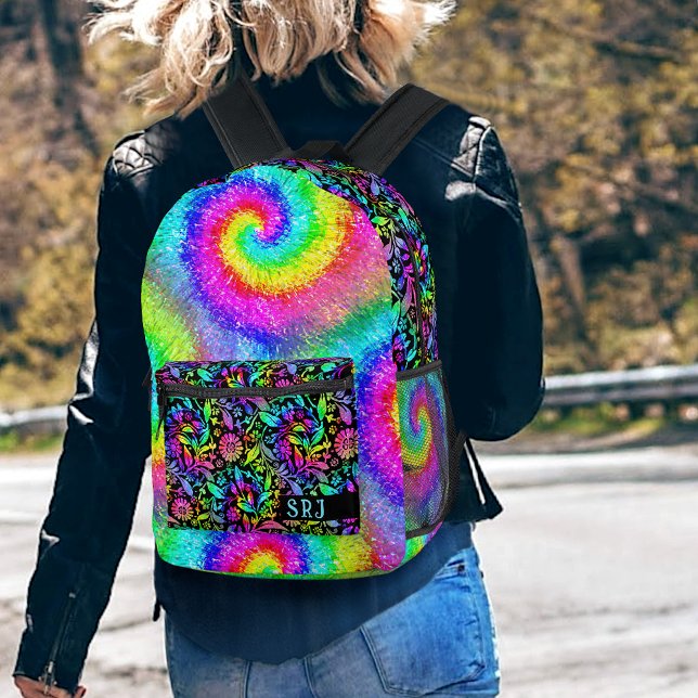 Sac À Dos Imprimé Tiedye Psychedelic Retro Hippie Fleurs Monogramme (Créateur téléchargé)