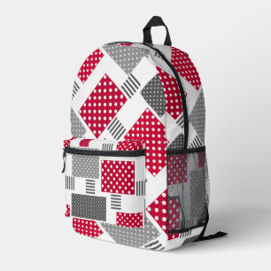 Sac À Dos Imprimé Tissu patchwork gris rouge à pois sur fond blanc