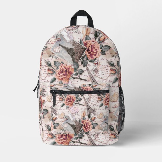 Sac À Dos Imprimé Tour Eiffel, Fleurs et lettres manuscrites (Recto)