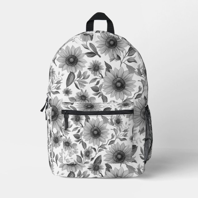 Sac À Dos Imprimé Tournesols Floraux Noir Et Blanc (Recto)