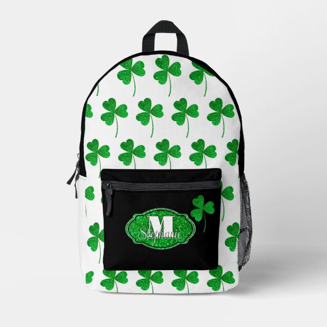 Sac À Dos Imprimé Trèfles Monogrammes Verts Étincelants Saint Patric (Recto)