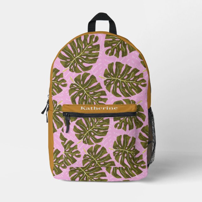 Sac À Dos Imprimé Tropical Palm Rose Vert Marron (Recto)