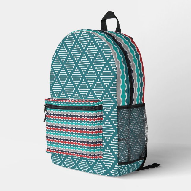 SAC À DOS IMPRIMÉ TURQUOISE GRAY NOIR ROUGE MOTIFS GÉOMÉTRIQUES (Coin arrière droit)