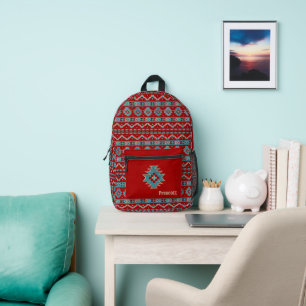 Sac À Dos Imprimé Turquoise & Rouge Géométrique Monogramme du Sud-Ou