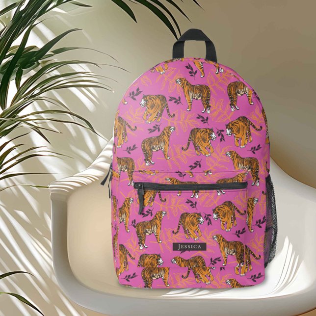 Sac À Dos Imprimé Un Motif de tigre bizarre sur le rose vif (You'll just go wild for this “roarsome” tiger pattern on pink)