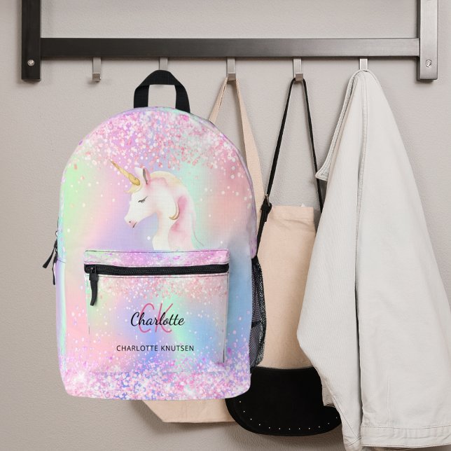 Sac À Dos Imprimé Unicorne nom monogramme rose holographique (Créateur téléchargé)