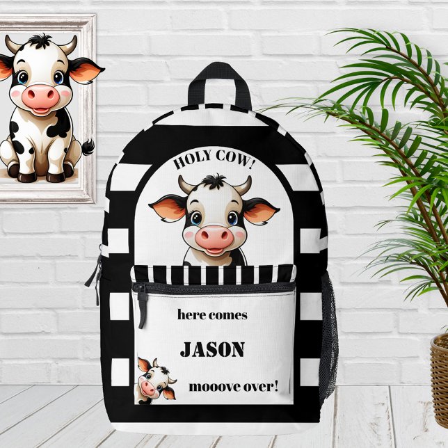 Sac À Dos Imprimé Vache Drôle mignonne Retour À L'École (Backpack featuring a cute cow on a black and white striped design - back to school)
