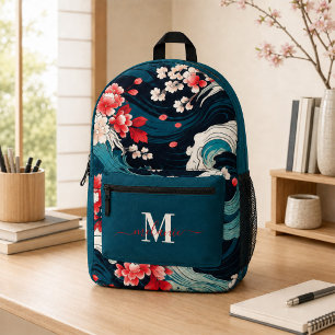 Sac À Dos Imprimé Vagues de Sakura Japonaises Monogramme Personnalis