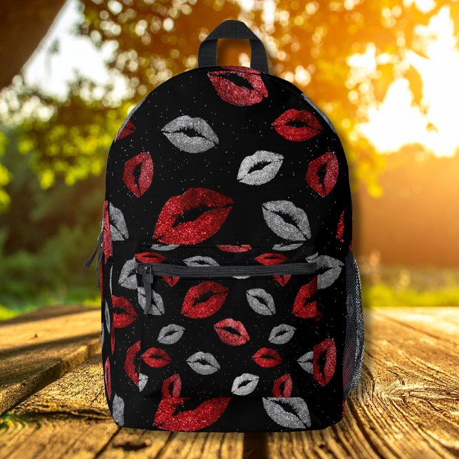 Sac À Dos Imprimé Valentines Red Silver Glitter Lips on Black  (Créateur téléchargé)