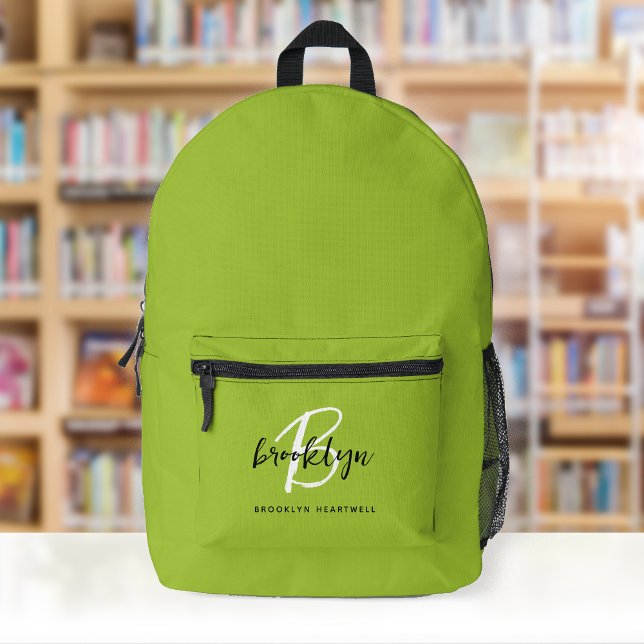 Sac À Dos Imprimé Vert Citron Branché Monogramme Nom Blanc (Créateur téléchargé)