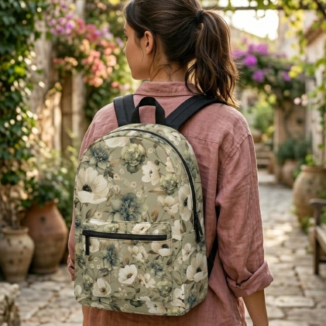 Sac À Dos Imprimé Vert Sauge Et Fleurs Crème  (Créateur téléchargé)