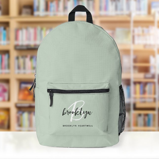Sac À Dos Imprimé Vert Sauge Tendance Monogramme Nom Noir Blanc (Créateur téléchargé)