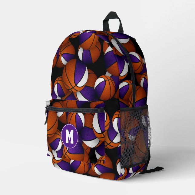 Sac À Dos Imprimé violet blanc boules de basket motif monogrammé (Coin arrière droit)