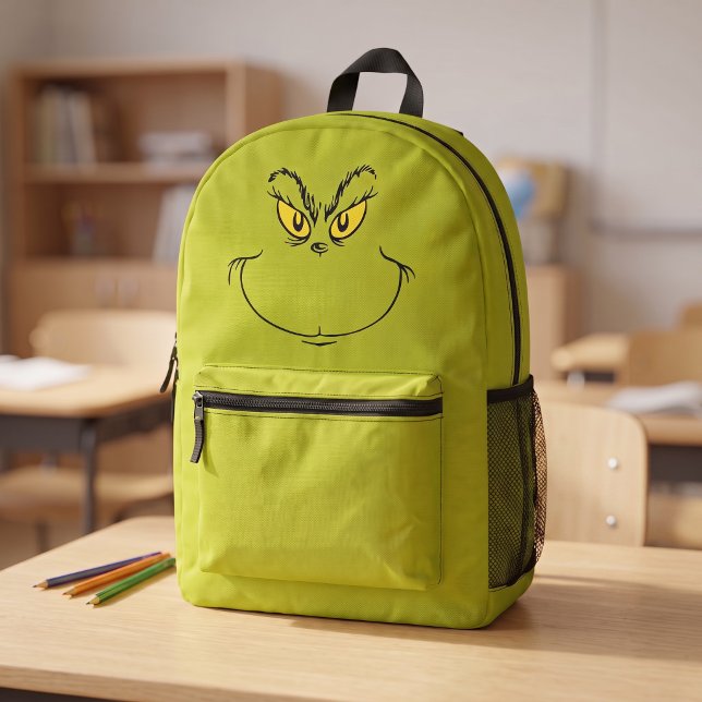 Sac À Dos Imprimé Visage du Dr. Grinch qui vole Noël (Simulated backpack on desk)