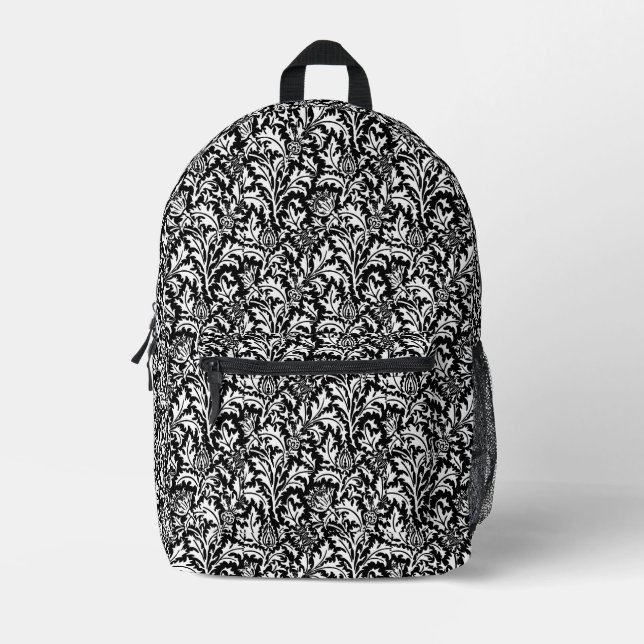 Sac À Dos Imprimé William Morris Thistle Damask, noir et blanc (Recto)