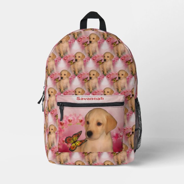 Sac À Dos Imprimé Yellow Lab Chiot Papillon animal personnalisé (Recto)