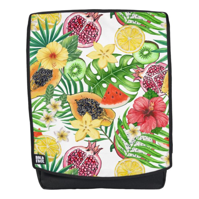 Sac À Dos Mix-fruit tropical, fleurs et feuilles sur blanc (Devant)