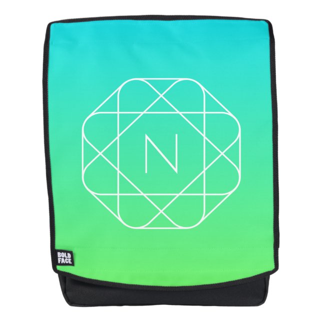 Sac À Dos Monogramme géométrique cool | Dégradé bleu et vert (Devant)