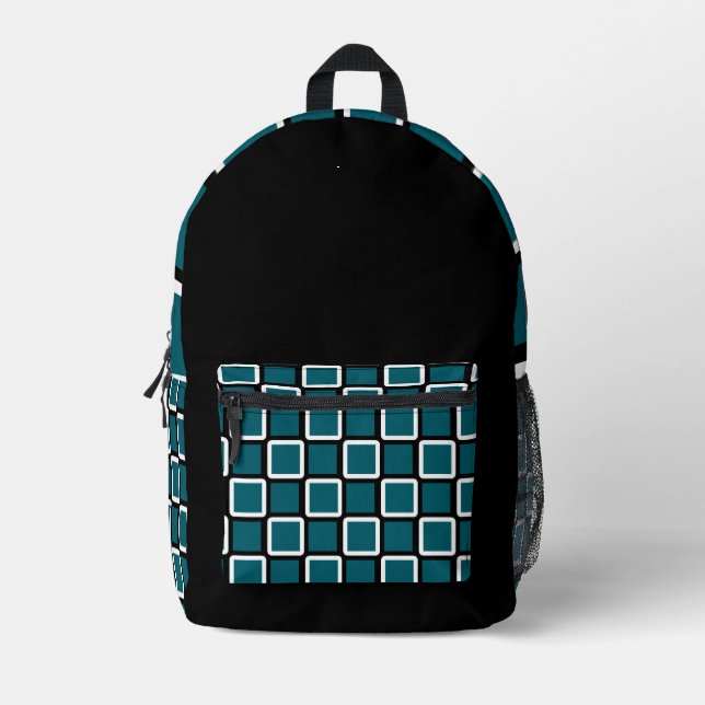 Sac à dos noir avec Carrés Turquoise foncé et blan (Recto)