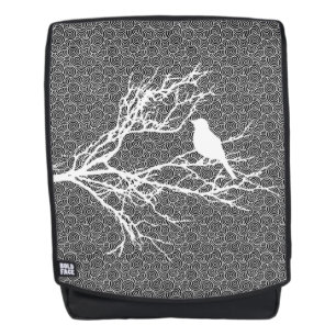 Sac À Dos Oiseau sur une branche, motif blanc sur fond noir