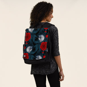 Sac À Dos Oiseaux et fleurs de pivoines rouges avec feuilles
