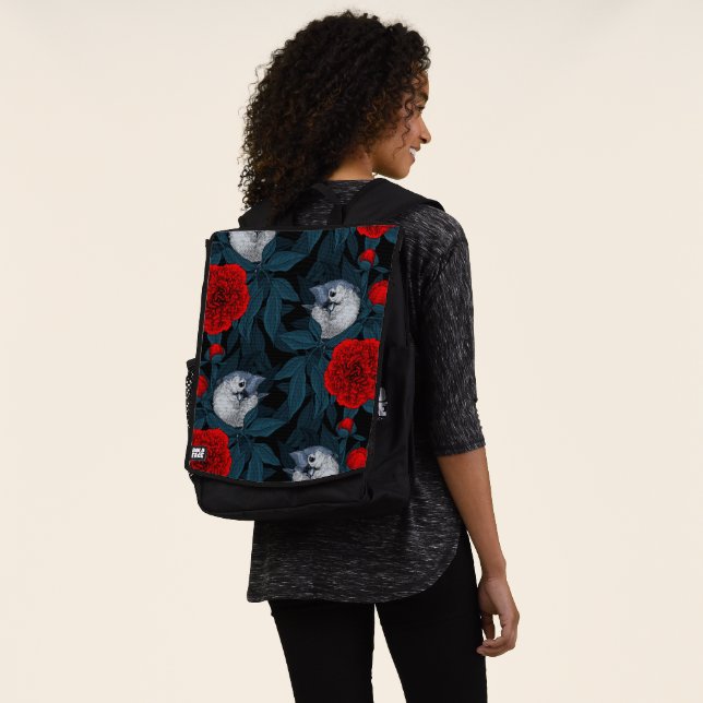Sac À Dos Oiseaux et fleurs de pivoines rouges avec feuilles (Porté)