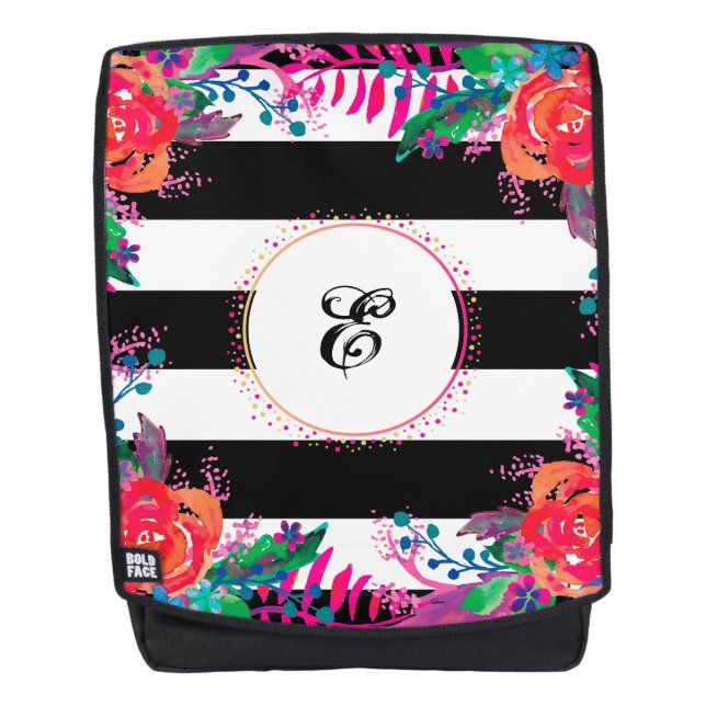 Sac À Dos paquets floraux personnalisés et rayés noirs (Devant)