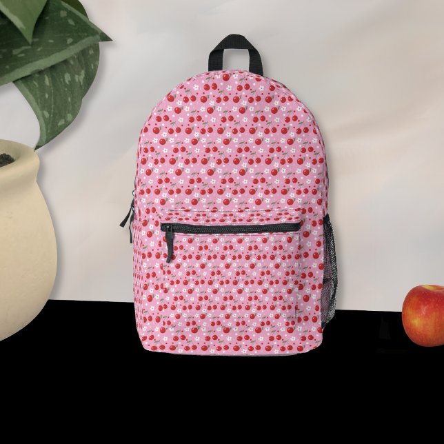 Sac à dos rose cerise et minuscule fleur (Cherries and tiny white blossoms pink backpack .)