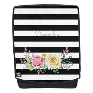 Sac À Dos Rose Chic Floral Tendance Rayures Noires et Nom