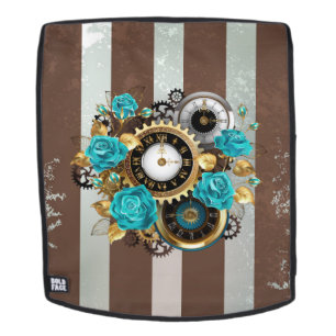 Sac À Dos Steampunk Clock and Turquoise Roses on Striped