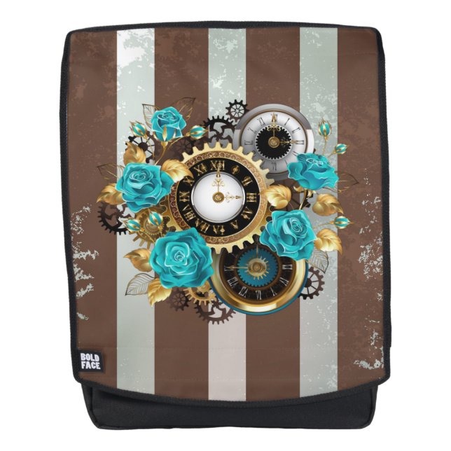 Sac À Dos Steampunk Clock and Turquoise Roses on Striped (Devant)