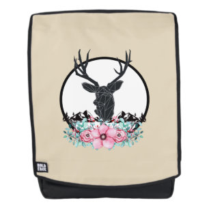 Sac À Dos Tête de cerf noir avec fleurs roses et montagnes