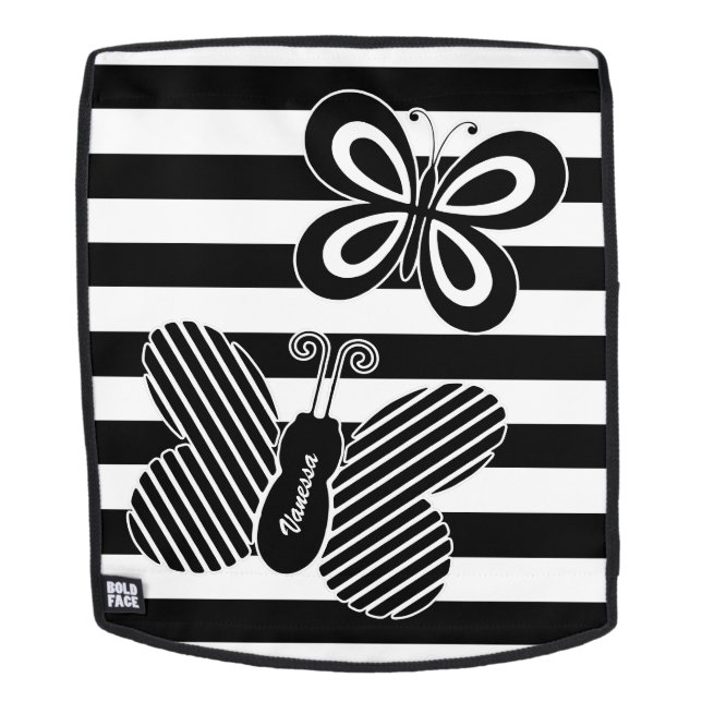 Sac À Dos Trendy Black and White Butterfly Stripes avec nom (Devant amovible)