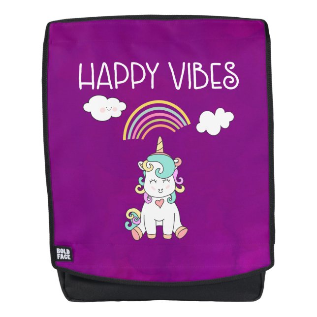 Sac À Dos Typographie Happy Vibes Licorne Souriant Mignonne (Devant)