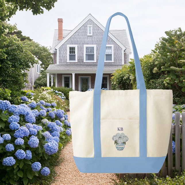 Sac à main à décor de Chinoiserie et hortensias av (chinoiserie hydrangea contrast trim monogrammed tote bag)