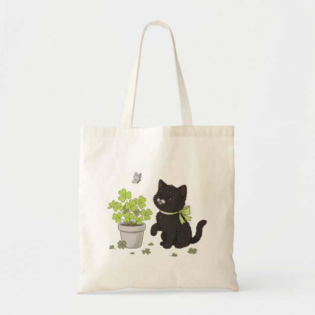 Sac à main avec un adorable chaton noir et un trèf (Devant)