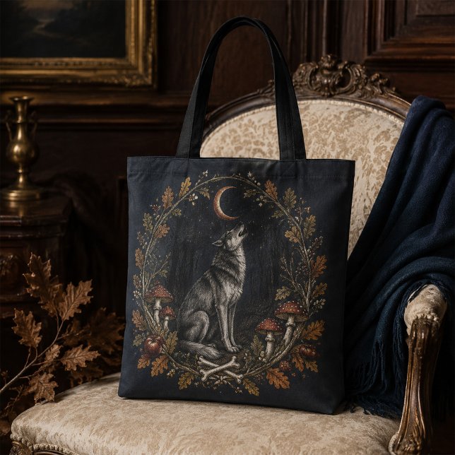 Sac à main botanique gothique loup de Samhain vict (Victorian Samhain Wolf Botanical Gothic Tote Bag)