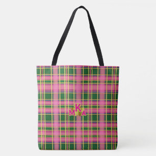 Sac à main chic à carreaux rose et vert avec monog
