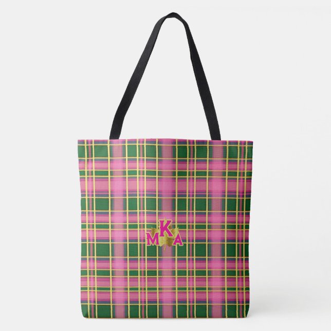 Sac à main chic à carreaux rose et vert avec monog (Devant)