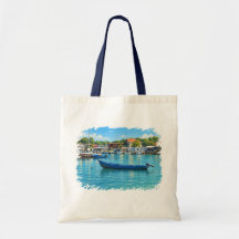 Sac à main de bateau de pêche bleu port côtier