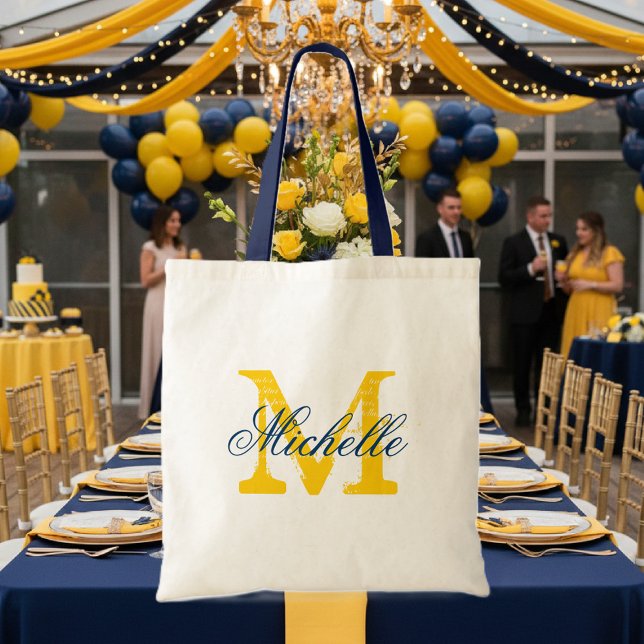 Sac à main de mariage bleu marine et jaune à monog (blue yellow wedding tote bag)