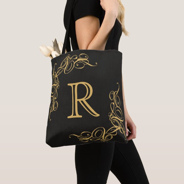 Sac à main élégant noir et or Baroque monogramme (De près)